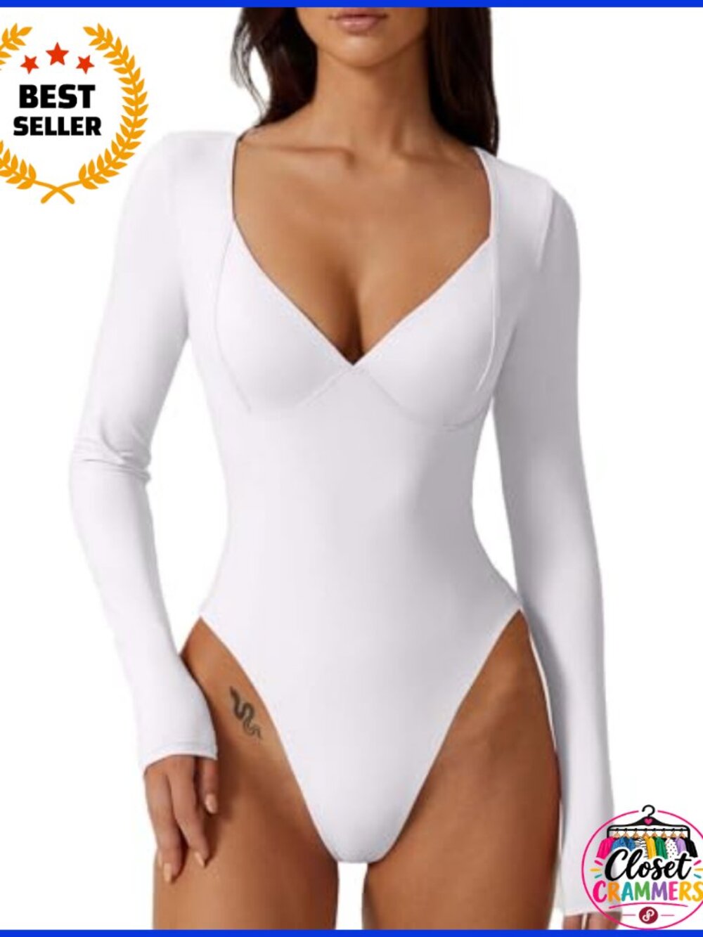 Long Sleeve V Neck Seamed Cup Bodysuit Thong Bottom Going Out Top